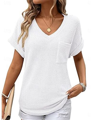  Damen Bluse Einfarbig Stilvoll Lässig Kurzarm V Ausschnitt Normale Oberteile Täglich Tasche Schwarz Weiß Rosa Grün Sommer