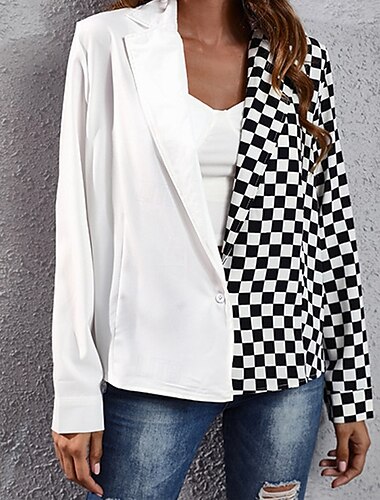  Damen Hemd Chiffon Tops Karomuster Täglich Stilvoll Basic Langarm Hemdkragen Normale Oberteile Arbeit Täglich Ferien Patchwork Knöpfe Weiß Frühling Herbst