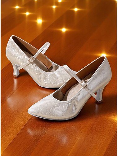  Silberne Glitzer-Mary-Jane-Tanzschuhe für Damen mit mittlerem Absatz – professionelle Performance-Schuhe für Latein-, Standard- und Bühnenshows
