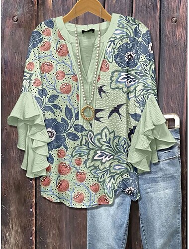  Dames Blouse Grafisch Geometrisch Vintage Dagelijks Stijlvol 3/4 mouw V-hals Normale tops Dagelijks Feestdagen Vakantiekleding Lapwerk Afdrukken blauw Paars Groen Beige Zomer Lente