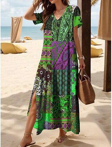  Damen Midikleid Sommerkleid A Linie Kleid Bohemien Urlaub Vintage Lässiger Schnitt Blumen Grafik Paisley-Muster Kurzarm V Ausschnitt Gelb Blau Purpur Grün Sommer Frühling Herbst