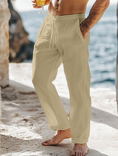  Men's Linen Pants Trousers Summer Pants Baggy Pants Beach Pants Drawstring Elastic Waist Straight Leg Plain Comfort Breathable Full Length Outdoor Casual Daily Vacation Fashion Black White