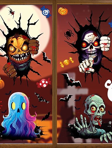  4 listy halloweenských samolepek na okno, dekorace s oboustrannou tematikou, lebka, duch, netopýr, pavouk, statické samolepky na halloweenské párty a dekorace na okna