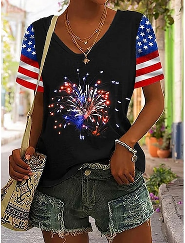  Självständighetsdagen Kvinna Patriotisk Fjärde Juli T Shirt Grafisk Amerikansk Flagga Vintage Stilig Klassisk Kortärmad V-Hals Regelbundna Toppar Dags Helgtryck Svart Vit Grå Sommar Vår