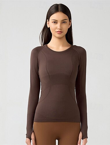  Damen Sportshirts Rundhalsausschnitt Elastisch Atmungsaktiv Enge Passform Langarm Sport Einfarbig Oberteil Für Pilates Yoga Sportkleidung
