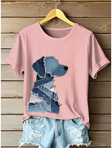  Damen T Shirt Grafik Tiermotiv Hund Vintage Stilvoll Klassisch Kurzarm Rundhalsausschnitt Normale Oberteile Täglich Wochenende Druck Schwarz Weiß Rosa Blau Grün Sommer Frühling