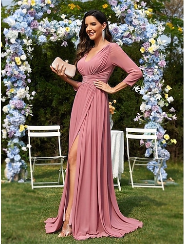  A-Linie Quinceanera-Kleider Elegant Kleid Formell Hochzeit Bodenlang Langarm V Ausschnitt Chiffon Ladderback-Rückenausschnitt mit Falten 2025