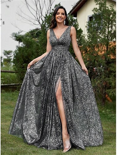  A-Linie Quinceanera-Kleider Elegant Kleid Formell Hochzeit Bodenlang Ärmellos V Ausschnitt Paillettenbesetzt V-Ausschnitt mit Paillette 2025