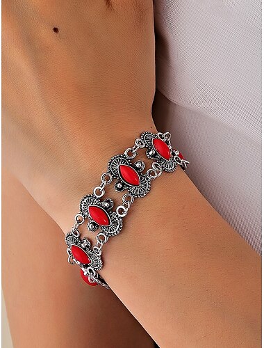  Damen-Armband im Vintage-Boho-Stil mit türkisfarbenem Stein – antik versilbertes Kettenglied-Design für Freizeitkleidung, Partys und Geschenke