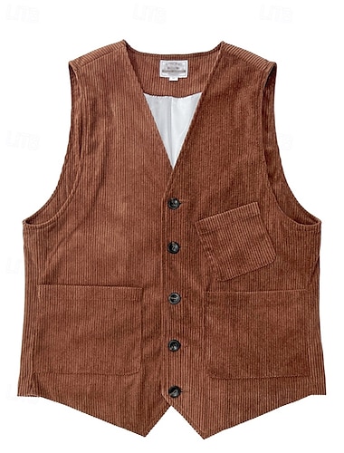  בגדי ריקוד גברים וסט חֲזִיָה Gilet חופשה מפלגה עֵסֶק אופנתי יום יומי אביב סתיו כפתורים כיס פוליאסטר קורדורוי נוח צבע אחיד חזה יחיד כפתור יחיד צווארון V רגיל חום כהה שחור יין כחול נייבי אֵפוֹד