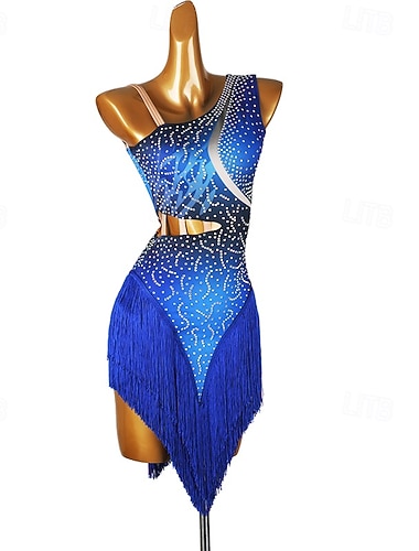  Robe de danse latine pour femmes, tenue de compétition, robe à pompons, sans manches, pour rumba, chacha