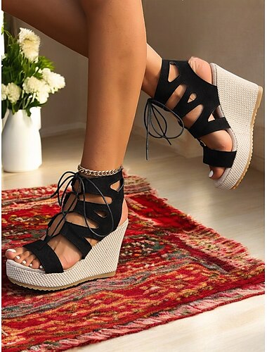  Schwarze Keilsandalen mit Schnürung und Espadrille-Plateau für Damen – lässige Peep-Toe-Schuhe für den Sommer, den Strandurlaub, Partys im Freien und den Alltag