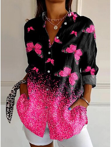  Damen Hemd Ombre Grafik Schmetterling Täglich Stilvoll Lässig Langarm Hemdkragen Normale Oberteile Täglich Ferien Knöpfe Druck Rosa Blau Purpur Orange Grau Sommer Frühling