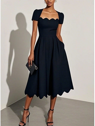  Femmes Robe Midi Robe trapèze Robe ajustée et évasée Élégant Fête cocktail Extérieur Soirée robe demoiselle d honneur Coupe régulière Couleur Unie Manche Courte Col carré Noir Vert Été