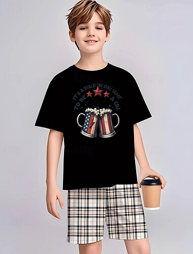  アメリカ独立記念日 男の子 3D グラフィック Tシャツ Ｔシャツ 半袖 夏 春 ファッション ベーシック 子供 4〜12年 クルーネック アウトドア カジュアル 日常 レギュラー