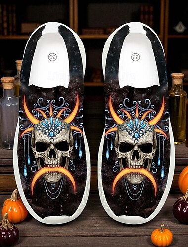  Dámské halloweenské nazouvací tenisky – černé pohodlné boty z flyknit s potiskem upířích rtů a lebky na kostýmní večírky, koledování a ležérní podzimní nošení Sarah Richter