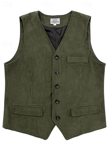  Herren Weste Gilet Urlaub Party Geschäft Mode Lässig Frühling Herbst Knöpfe Tasche Polyester Cordstoff Bequem Einfarbig Einreihig Ein-Knopf V Ausschnitt Normale Passform Dunkelbraun Schwarz