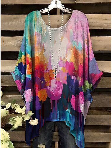  Damen Bluse Grafik Geometrisch Elegant Vintage Täglich Kurzarm Fledermaus Ärmel Rundhalsausschnitt Normale Oberteile Täglich Ferien Urlaubskleidung Gelb Rosa Rote Blau Sommer Frühling