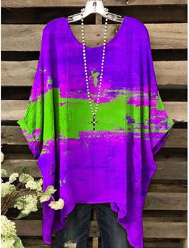 Damen Bluse Grafik Farbblock Vintage Täglich Stilvoll Kurzarm Fledermaus Ärmel Rundhalsausschnitt Normale Oberteile Täglich Ferien Strandbekleidung Rote Blau Purpur Orange Sommer Frühling