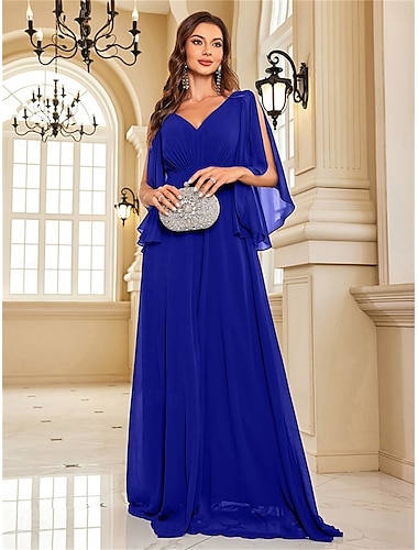  A-Linie Quinceanera Kjoler Elegant Kjole Formelt Bryllup Gulvlængde Lange Ærmer V Hals Chiffon V Bag med Plisseringer Slids