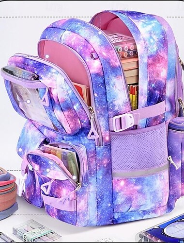  Zaino scolastico per bambini con stampa galassia – zaino multiscomparto di grande capacità con organizer per matite e porta borraccia per ragazze e ragazzi