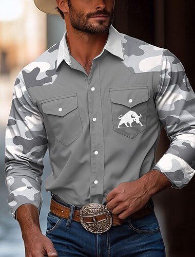  Herren Tarnung Bulle Hemd Westernhemd Cowboy-Shirt Langarm Vintage Westernstil Outdoor Täglich Arbeitskleidung Herbst Winter Umlegekragen 3D-Druck Zwei Fronttaschen Hemden mit Knopfleiste Schwarz