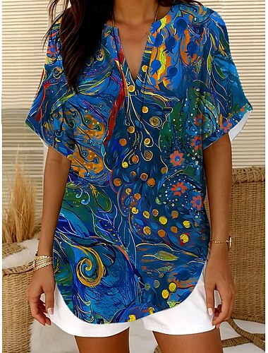  Damen Bluse Blumen Grafik Elegant Täglich Ethnisch Kurzarm V Ausschnitt Einkerbiger Ausschnitt Normale Oberteile Täglich Ferien Ausgehen Gelb Rosa Blau Grün Sommer