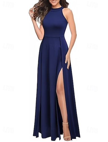  A-Linie Kleider für Hochzeitsgäste Elegant Kleid Hochzeitsgast Verlobung Bodenlang Ärmellos Rundhalsausschnitt Stretch-Crêpe mit Falten Schlitz 2025