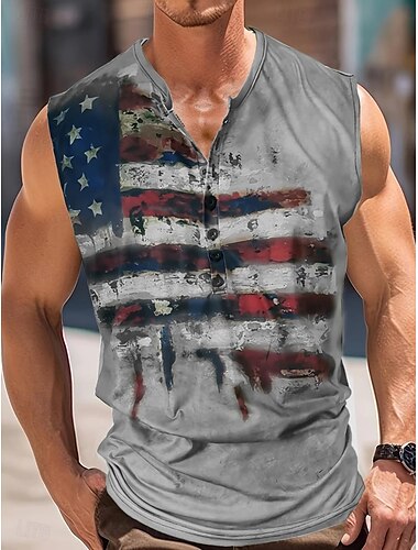  Herren Amerikanische Flagge Tank Top Henley Hemd Ärmellos Vintage Mode Designer Outdoor Lässig Täglich Sommer Frühling & Herbst Grün Braun Grau Henley Henley T-Shirt