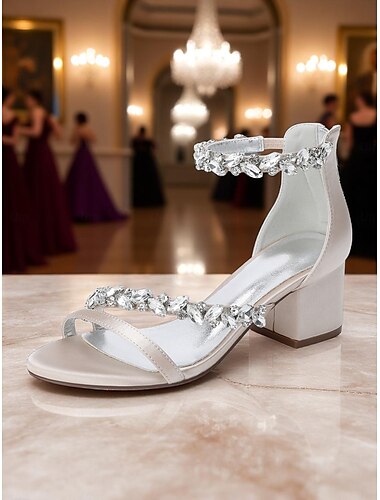  Damensandalen aus violettem Satin mit Blockabsatz – Abendschuhe mit Kristallverzierung und Knöchelriemen für elegante Bankette und Cocktailpartys