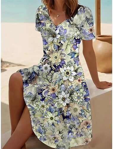  Damen Midikleid T-Shirt-Kleid Sommerkleid A Linie Kleid Urlaub Lässig Strand Ausgehen Strand Normale Passform Blumen Grafik Kurzarm V Ausschnitt Graues Rosa Hellgrün Blau Purpur Sommer Frühling