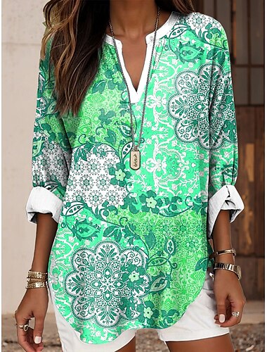  Damen Bluse Blumen Grafik Paisley-Muster Elegant Stilvoll Langarm V Ausschnitt Normale Oberteile Täglich Ferien Druck Rosa Blau Grün Sommer Frühling