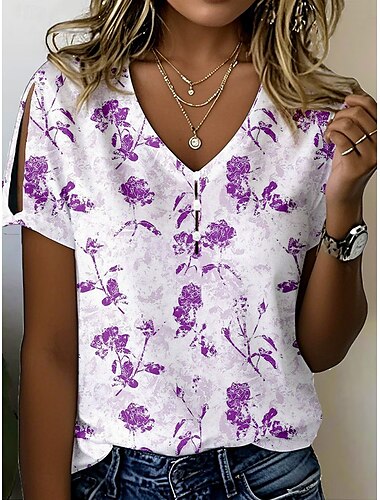  Damen T Shirt Blumen Grafik Pflanzen Stilvoll Modern Lässig Kurzarm V Ausschnitt Normale Oberteile Täglich Wochenende Druck Blau Purpur Grün Sommer Frühling