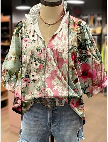  Damen Hemd Blumen Stilvoll Modern Boho Halbarm V Ausschnitt Normale Oberteile Täglich Ferien Druck Rosa Marineblau Blau Grün Khaki Sommer