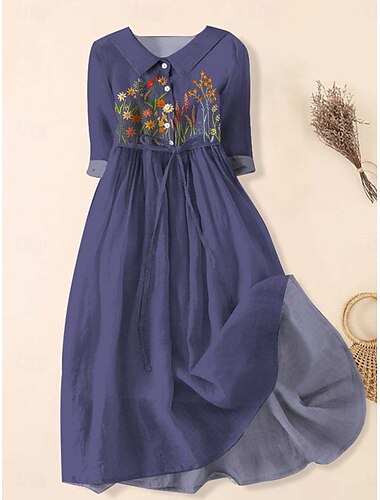  Damen Midikleid A Linie Kleid Figurbetontes Kleid Lässig Täglich Date Normale Passform Blumen Grafik Halbarm Hemdkragen Blau Purpur Kaki Sommer Frühling