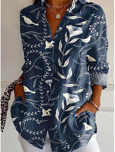  Femmes Chemise Fleuri Géométrique Élégant Moderne manche longue Col de chemise Hauts Réguliers Quotidien Fête Boutons Imprimé Rouge bleu marine Bleu Fuchsia Été