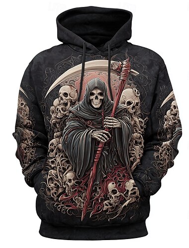  Herr 3D Skördeman Huvtröjor Tröja Ytterkläder Huvtröja Rund hals Etnisk 3D-tryck Helgdag Streetwear Svart 1 Svart Snörning Grafisk Höst Vinter Designer
