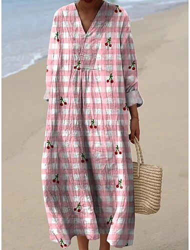  Damen Maxikleid Sommerkleid A Linie Kleid Urlaub Lässig Boho Party Ausgehen Strand Blumen Grafik Langarm V Ausschnitt Schwarz Rosa Rote Grün Sommer Frühling