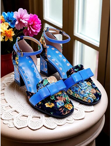  Damen-Leder-Pumps im Retro-Blumen-Look im 50er-Jahre-Stil – Blockabsatz-Sandalen mit Schleife und Knöchelriemen für Vintage-Hochzeiten und sommerliche Teepartys