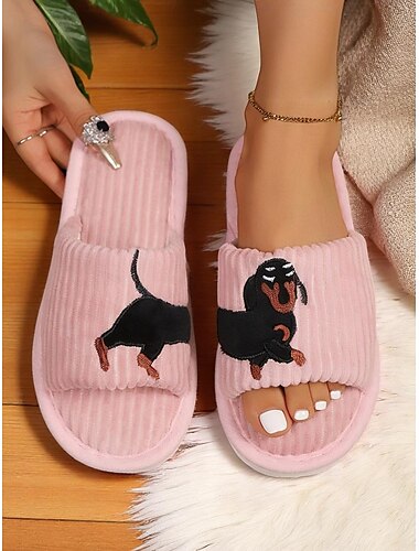  Plüsch-Hausschuhe für Damen mit Hundestickerei, gemütliche Cord-Slipper, perfekt zum Entspannen und Faulenzen zu Hause