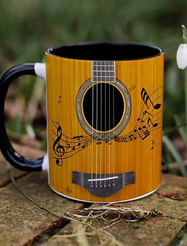  ギターマグ、350mlの黒セラミックコーヒーカップ、内側はカラー、ギタリストやミュージシャンへの音楽愛好家へのギフトマグ、男性と女性への誕生日プレゼント、オフィスデスクの装飾