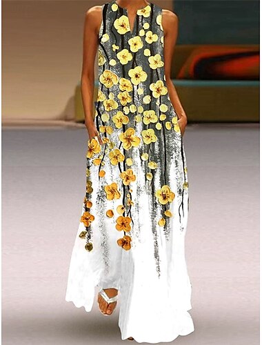 Damen Maxikleid Sommerkleid A Linie Kleid Urlaub Lässig Boho Ferien Lässiger Schnitt Ombre Blumen Grafik Ärmellos V Ausschnitt Einkerbiger Ausschnitt Schwarz und Weiß Hellgelb Magenta Schwarz Sommer