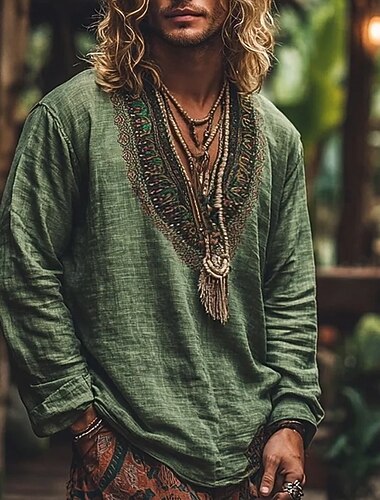  Per uomo Camicia Camicia di lino Stile vichingo Camicia popover Camicia Estiva Abbigliamento da spiaggia Geometrico Vacanza Streetwear Giallo Viola Verde Manica Lunga Scollo a V Estate Primavera