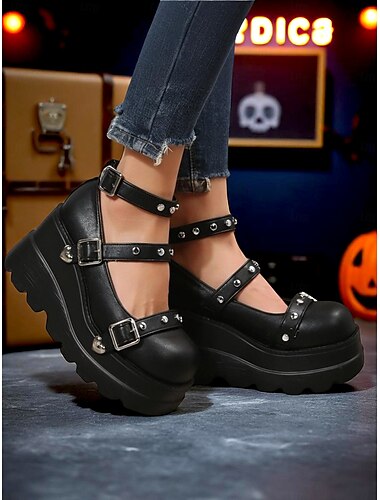  Schwarze Mary-Jane-Plateauschuhe im 80er-Jahre-Stil für Damen mit Schnallen und Herznieten – Gothic-Punk-Lolita-Stil für Halloween, Cosplay und Ausgehen