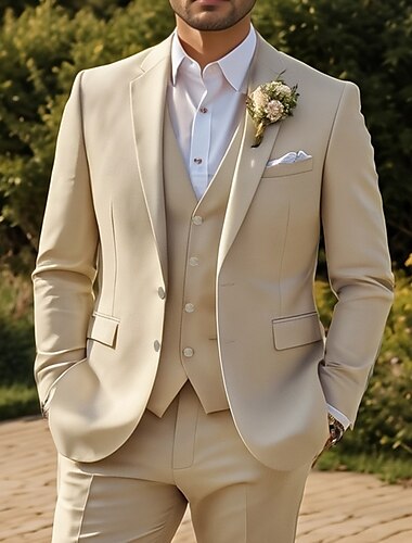  Pour des hommes Mariage Affaires Costumes Beige Mode Formel Couleur Unie Coupe Standard 3 pièces Simple Boutonnage Deux Boutons
