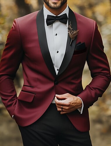  Pour des hommes Mariage Soirée Costumes Rouge Bordeaux Mode Formel Couleur Unie Coupe Standard 2 pièces Simple boutonnage un bouton