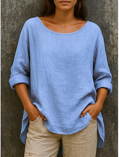  女性用 コットンリネンシャツ 純色 ベーシック カジュアル 長袖 クルーネック レギュラートップス 日常 フリル ピンク スカイブルー グリーン カーキ色 秋