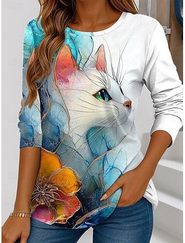  女性用 Tシャツ フラワー グラフィック 動物 ヴィンテージ スタイリッシュ クラシック 長袖 クルーネック レギュラートップス 日常 週末 プリント ブルー 夏 春