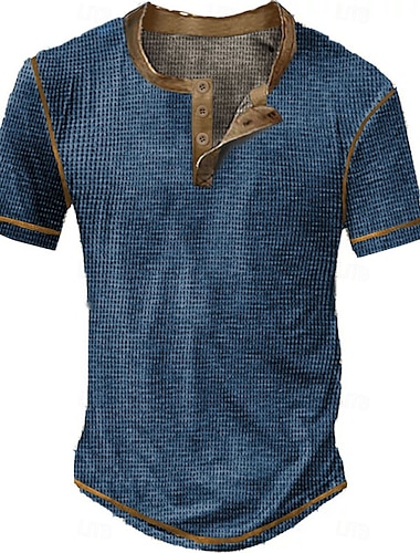  Herr Waffle Henley Shirt T-shirts Rutig Henley Utomhus Ledigt Kortärmad Knapp Kläder Polyester Mode Designer Bekväm