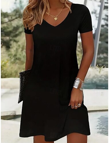  Femmes Mini Robe Robe T-Shirt Robe d'Été Robe trapèze Vacances Occasionnel Chaussures de plage Sortir Plage Uni Manche Courte Col en V Noir Blanche Été